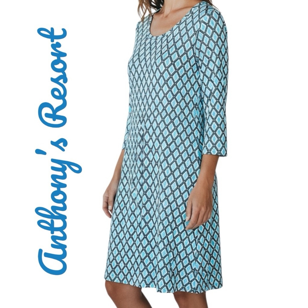 Anthony's Resort Florida By Lulu-B Top UPF50+ Dress Aqua Geometric Pullover Sz L